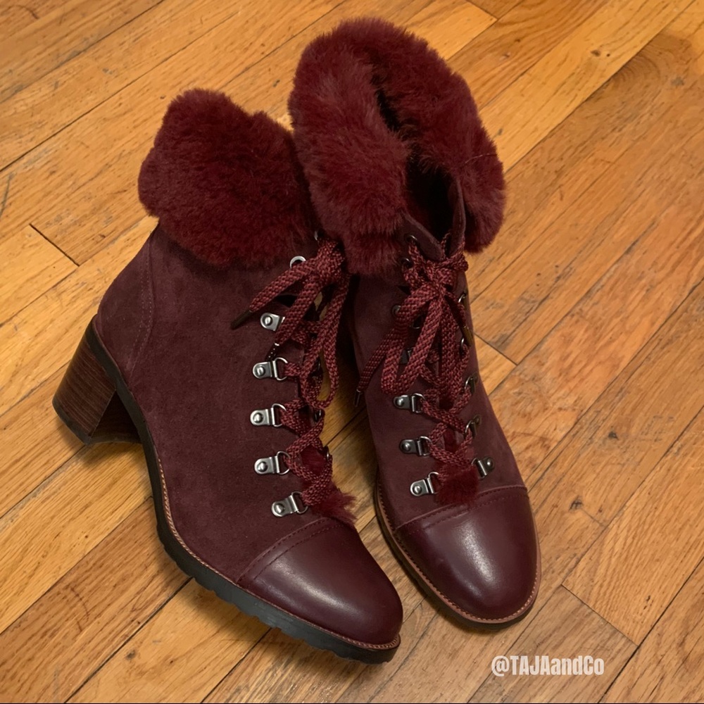 SAM EDELMAN: Burgundy Vegan Fur Manchester Chunky Hiker Boot